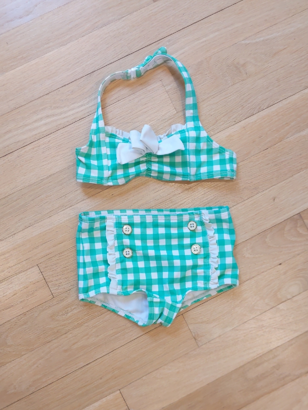 Janie and Jack Green and White Gingham Kids Bikini Set